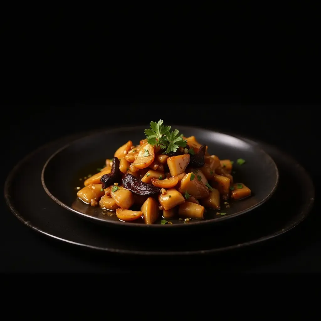 a photo of stir-fry with black garlic and truffle oil, gourmet style, dark tones, elegant plating