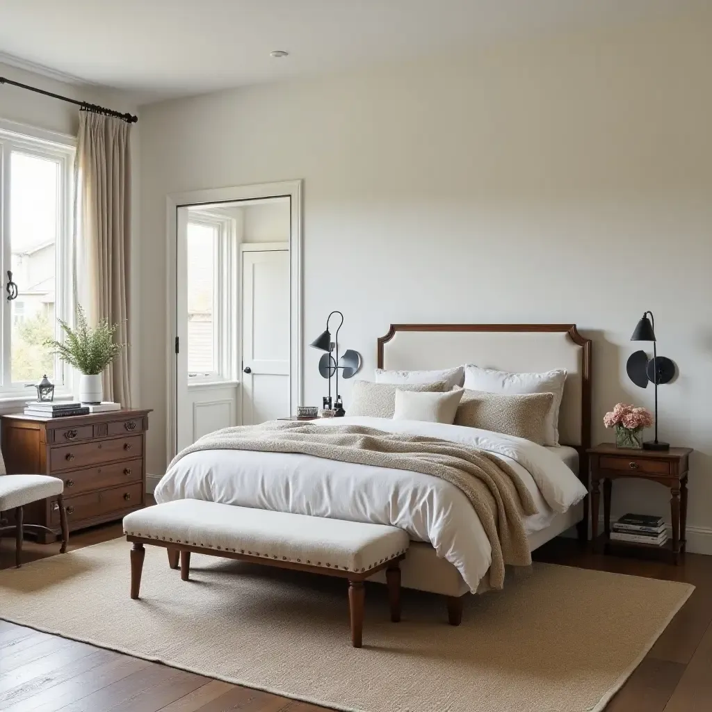 a photo of a farmhouse bedroom showcasing a blend of antique and contemporary furniture