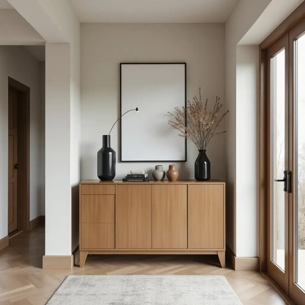 a photo of a wooden sideboard with decor in a corridor