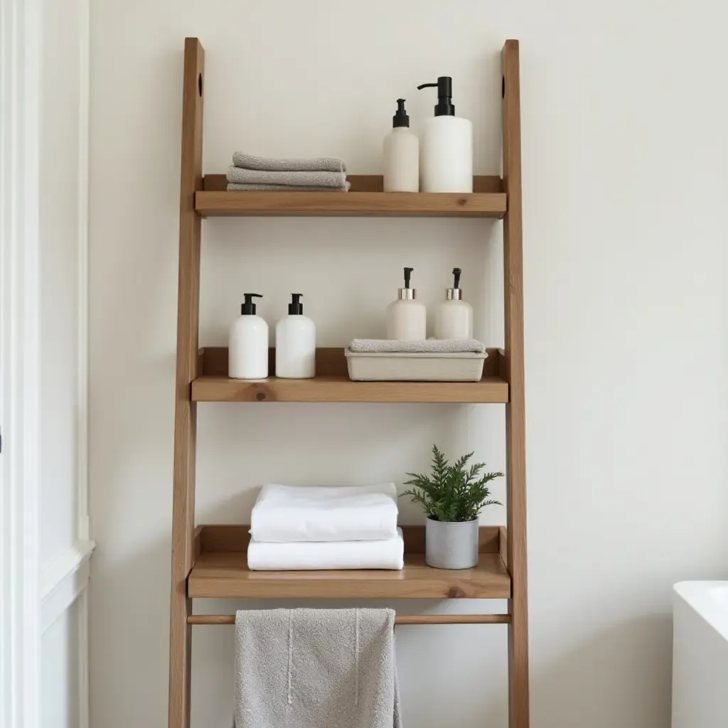 a photo of a chic ladder shelf displaying bathroom essentials