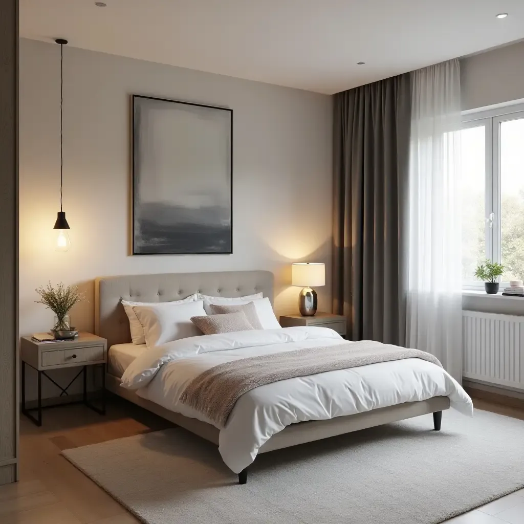 a photo of a trendy teen bedroom with a unique light fixture and elegant decor