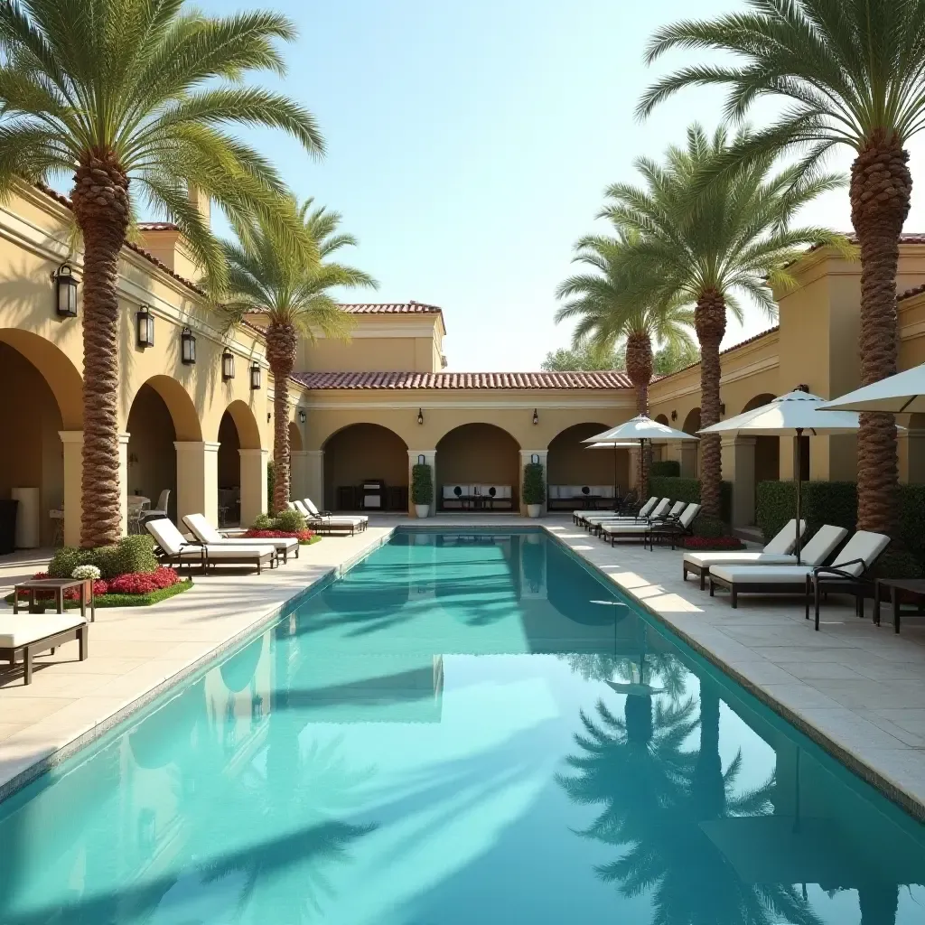 a photo of a serene pool area with palm trees and Mediterranean decor