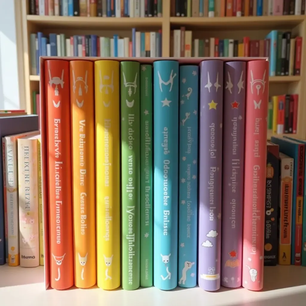 a photo of a playful rainbow-themed library with colorful book spines