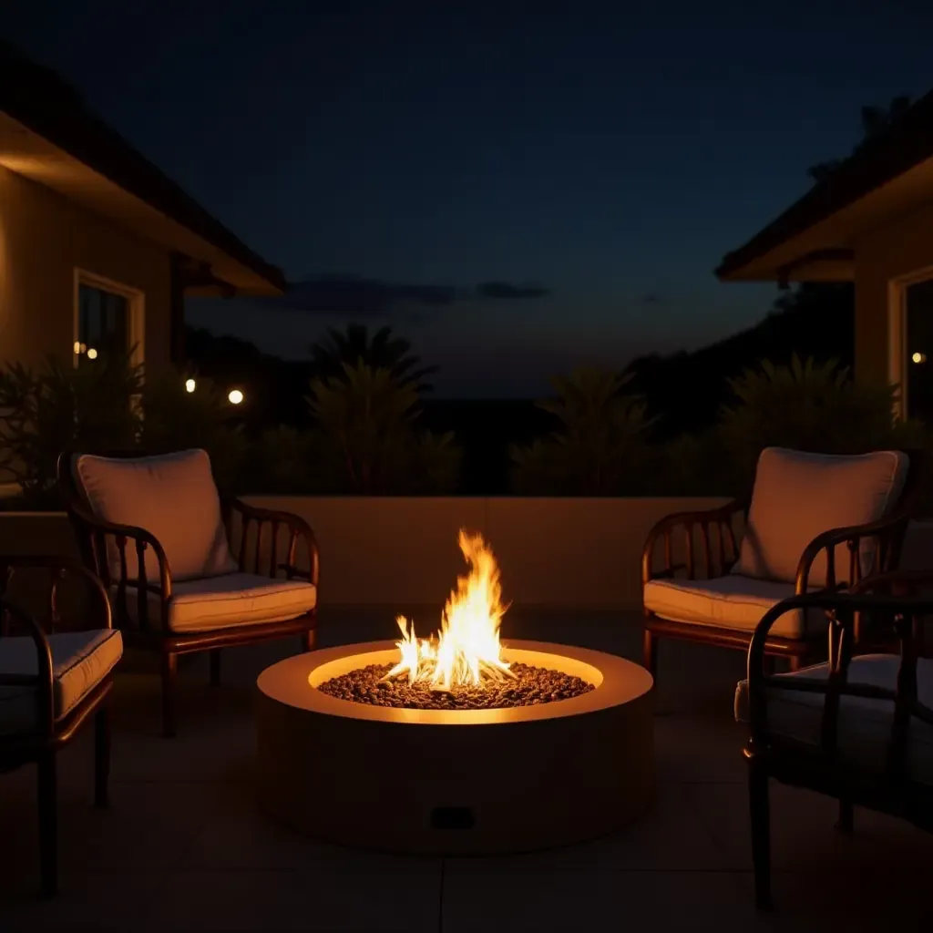 a photo of a balcony with a fire pit surrounded by soft lighting