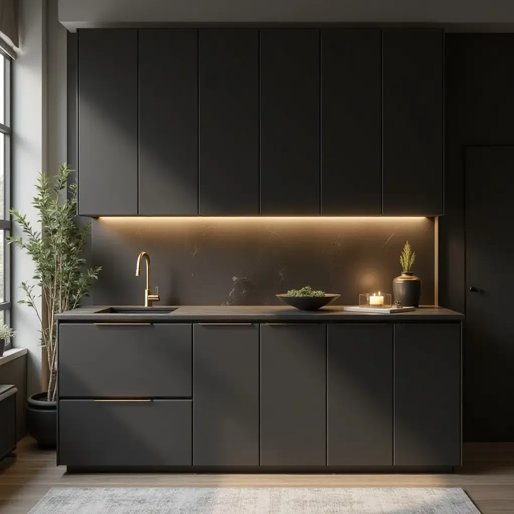 a photo of charcoal black and metallic gold cabinets for a luxurious look