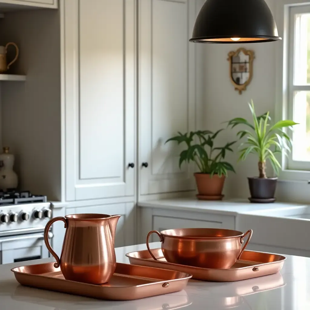 a photo of a stylish kitchen with copper trays