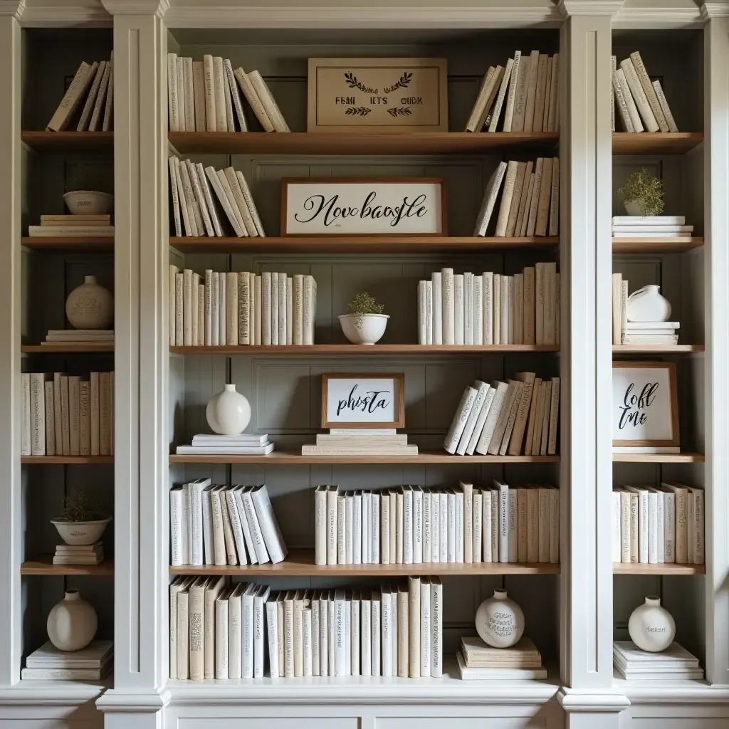 a photo of a farmhouse library with decorative wooden signs and books