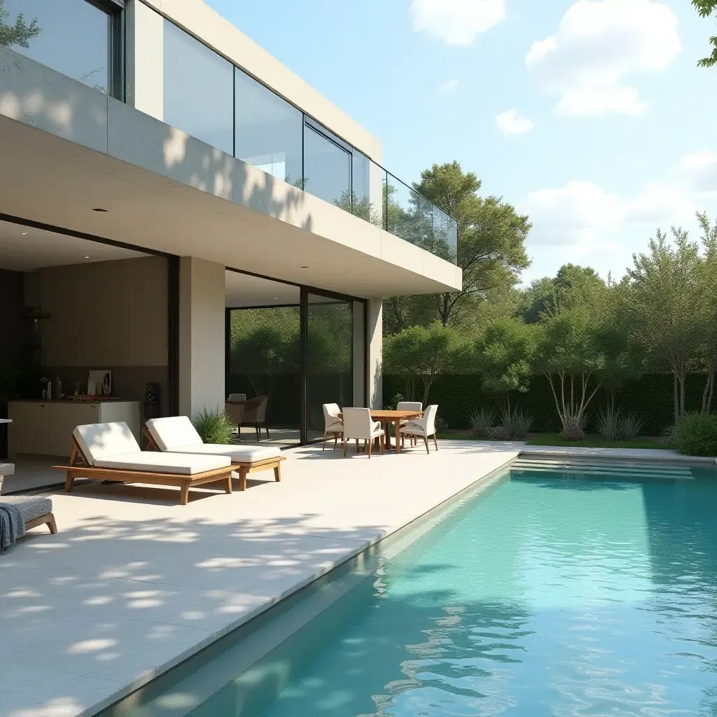 a photo of a contemporary lounge area by the pool with a glass railing