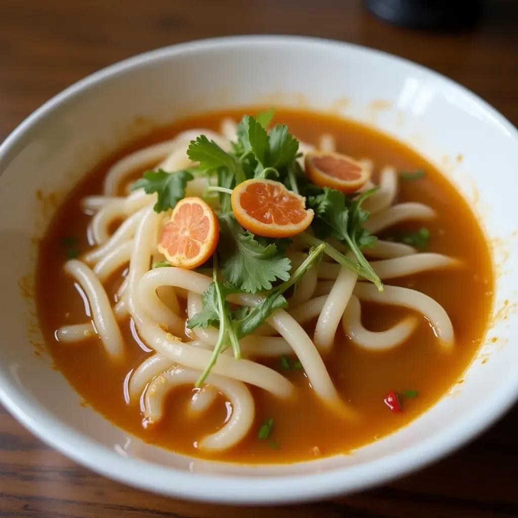 a photo of Banh Canh, thick tapioca noodles in a rich crab or pork broth.