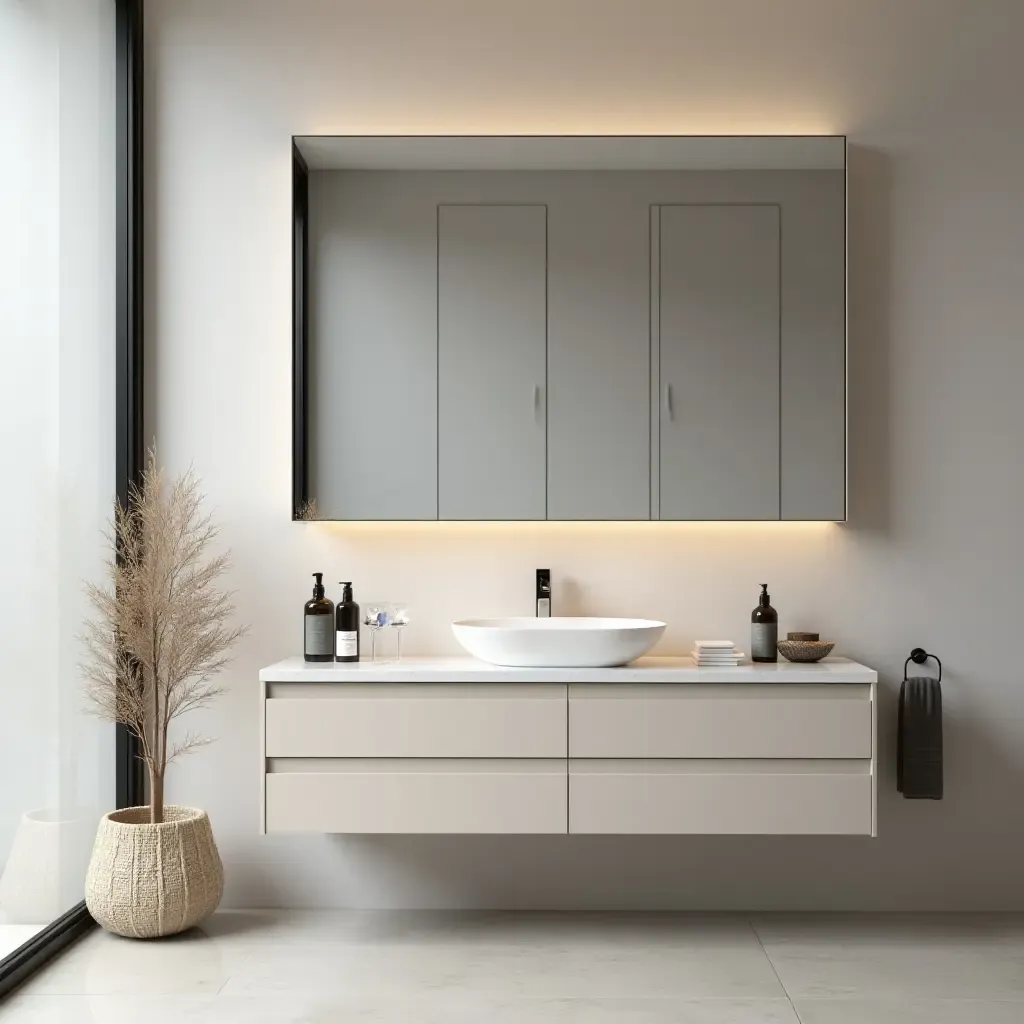 a photo of a modern bathroom with a stylish mirror cabinet