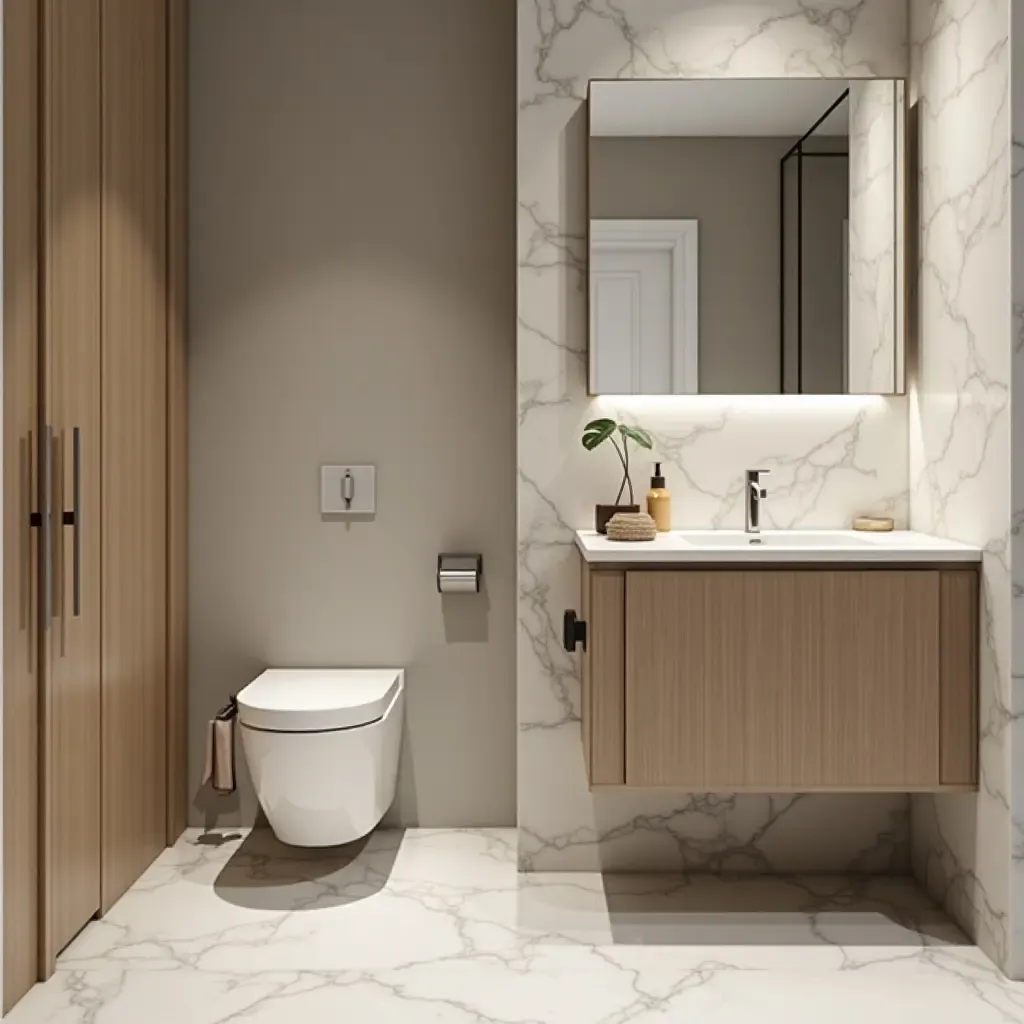 a photo of a bathroom with a hidden toilet and elegant cabinetry