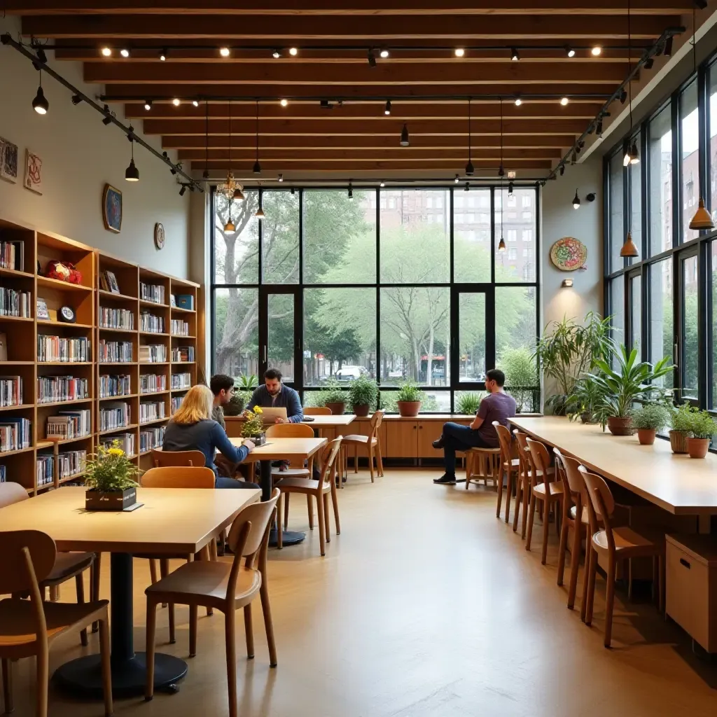 a photo of a community library with collaborative workspaces and art installations