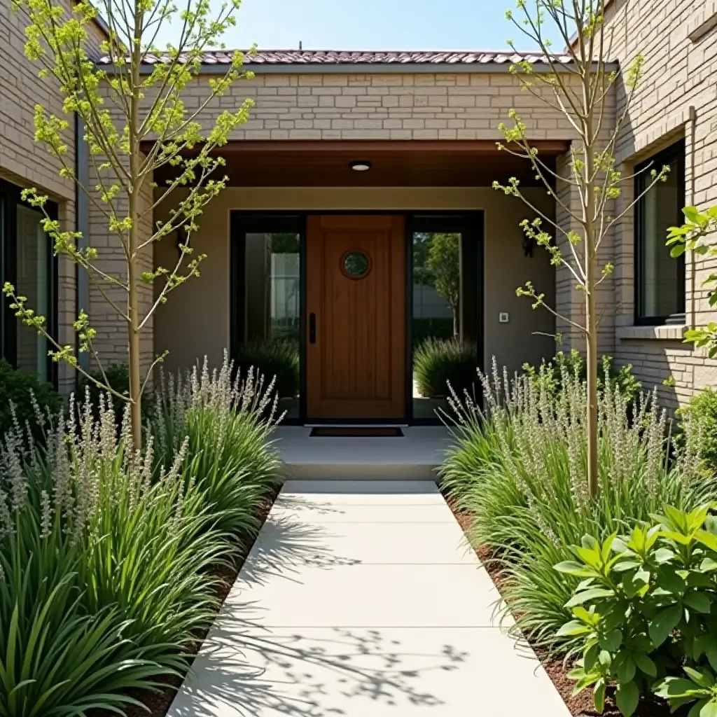 a photo of an inviting entrance with a mix of tall and short plants