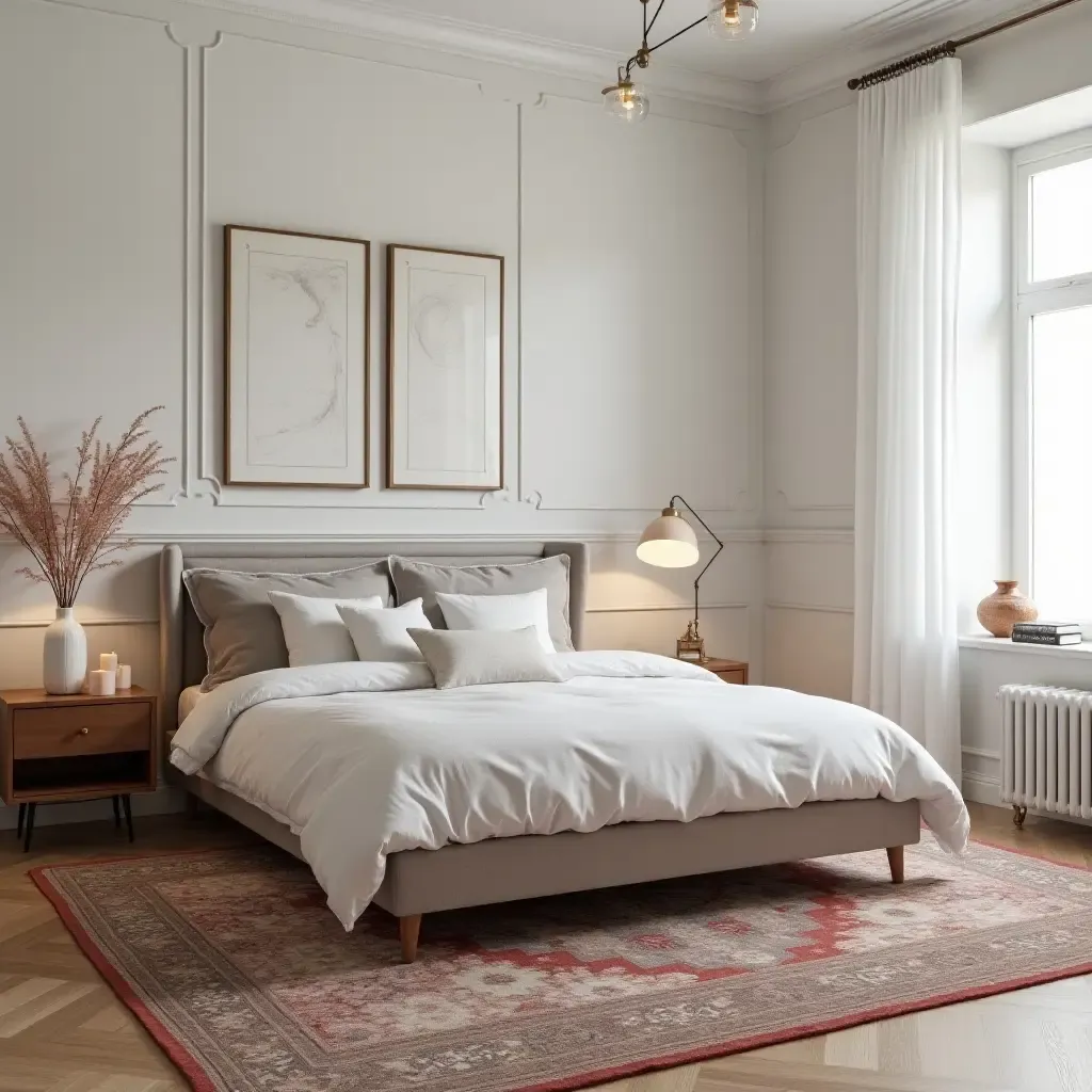 a photo of a chic bedroom with a statement rug and decorative accents