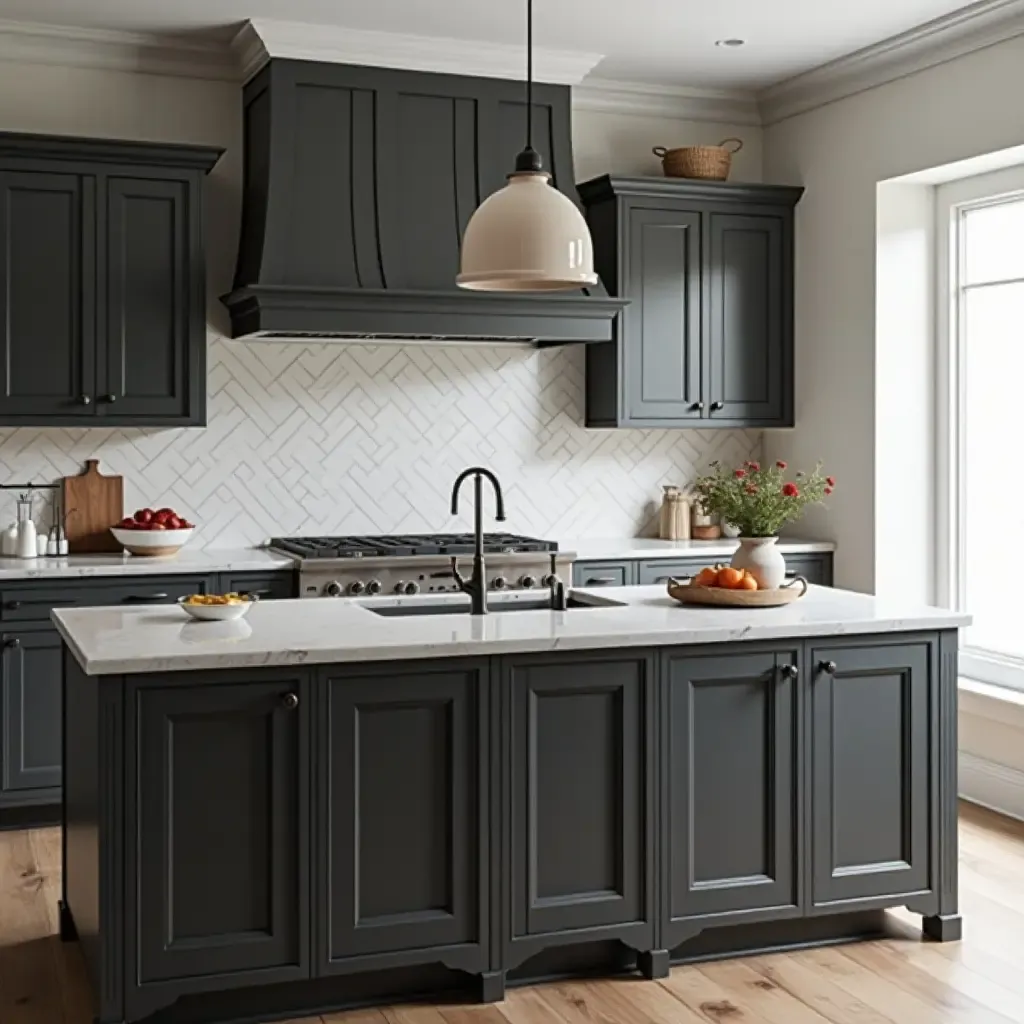 a photo of classic black and white cabinets with a twist