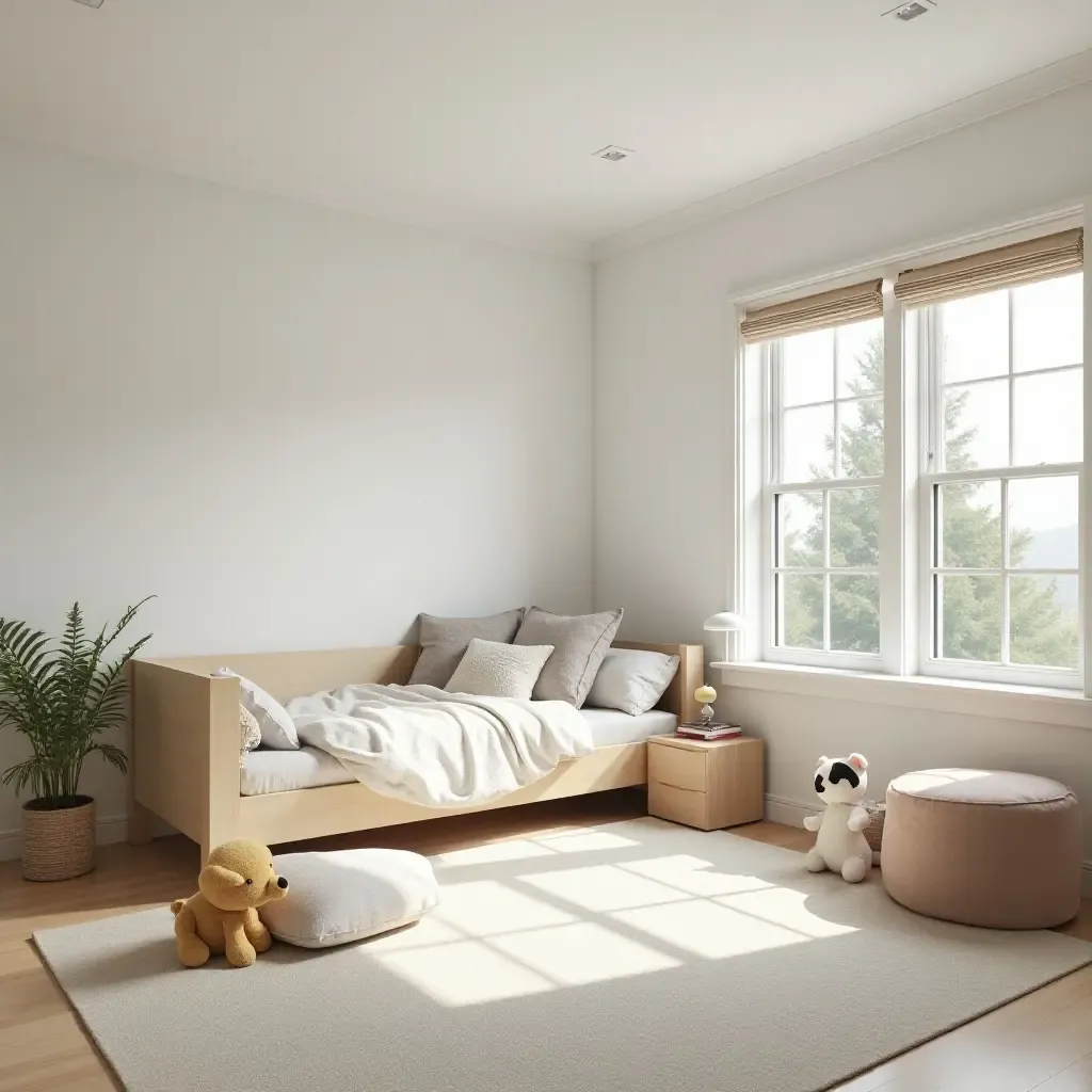 a photo of a spacious kids&#x27; bedroom featuring a simple layout and large windows