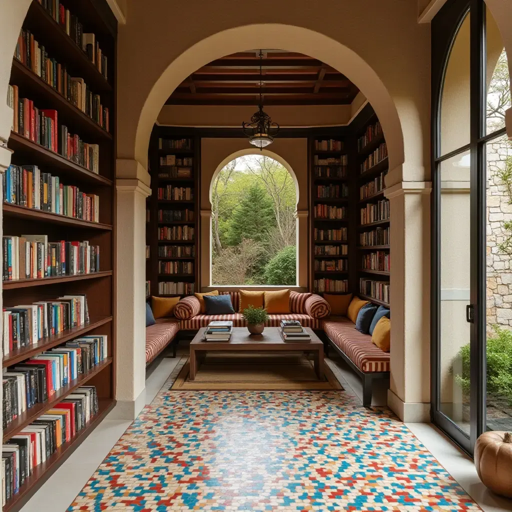 a photo of a Mediterranean-inspired library with colorful mosaic tiles