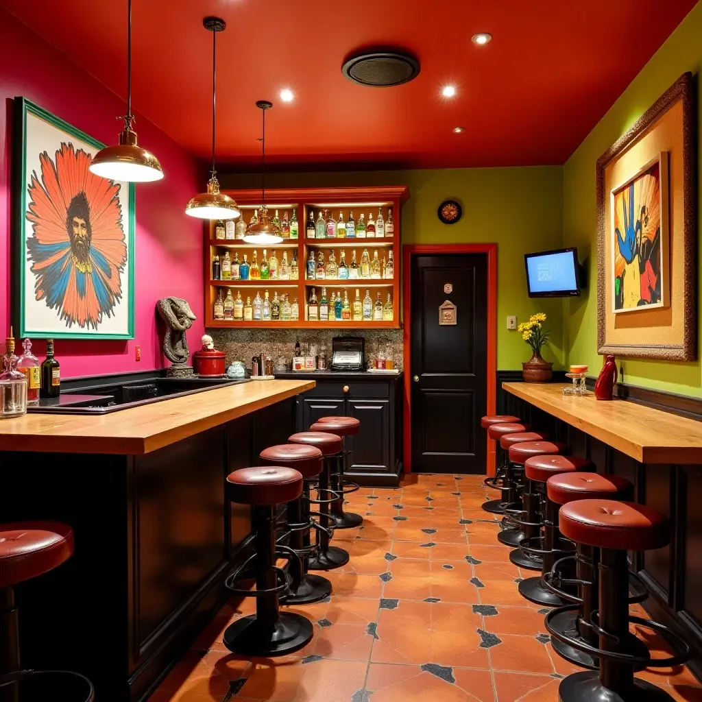 a photo of a playful basement bar with vibrant colors and quirky decor