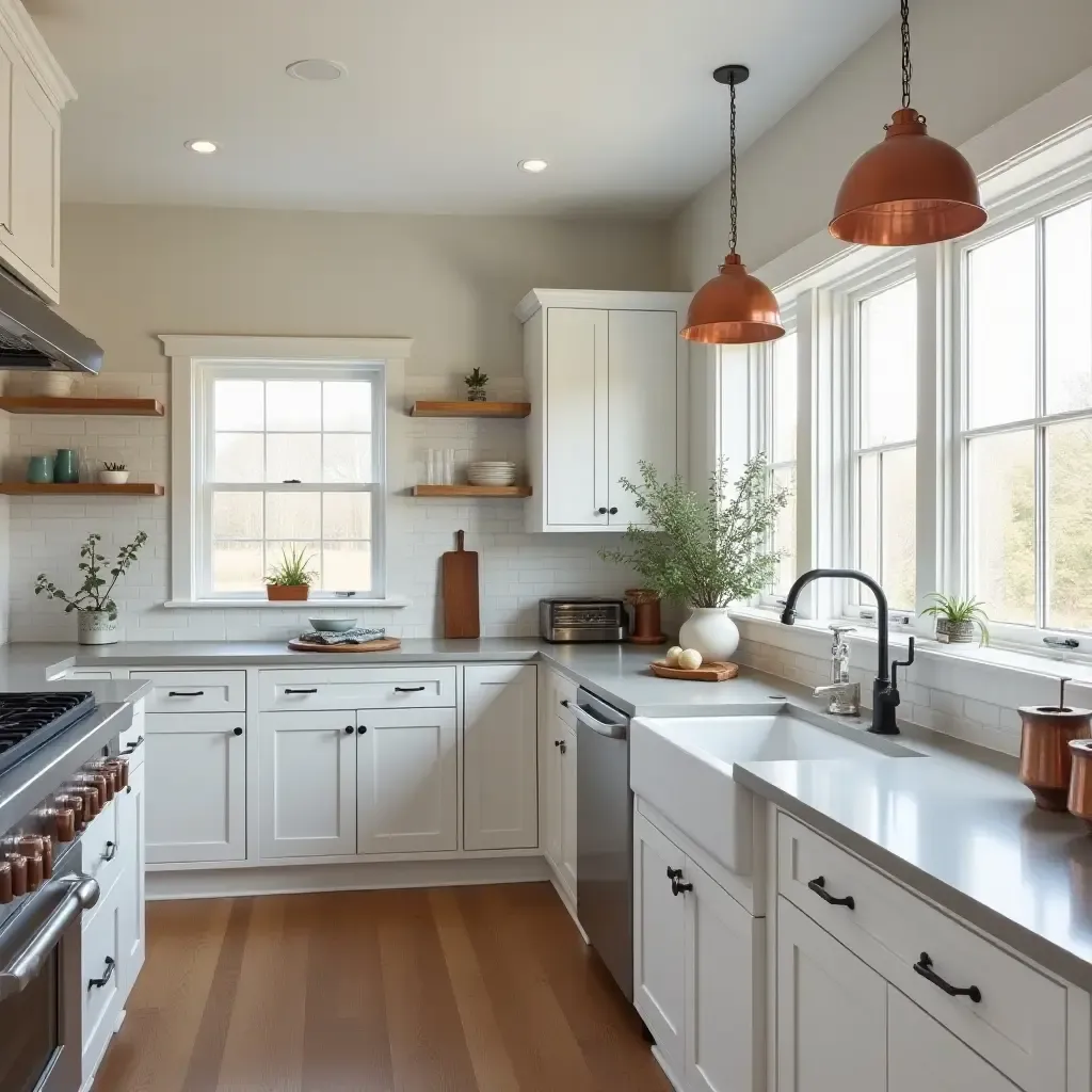 a photo of a farmhouse kitchen with copper accents