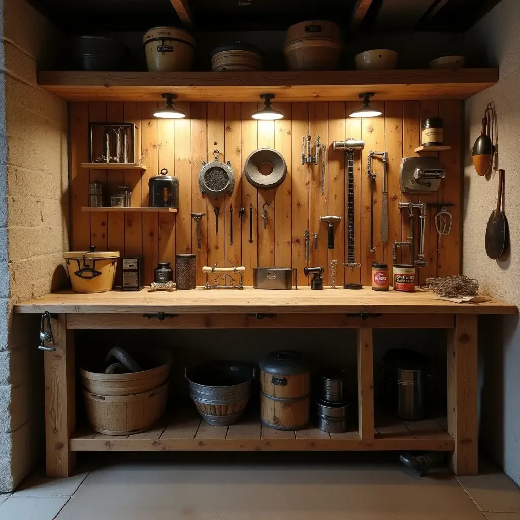 a photo of a rustic workbench with tools and decor in a basement