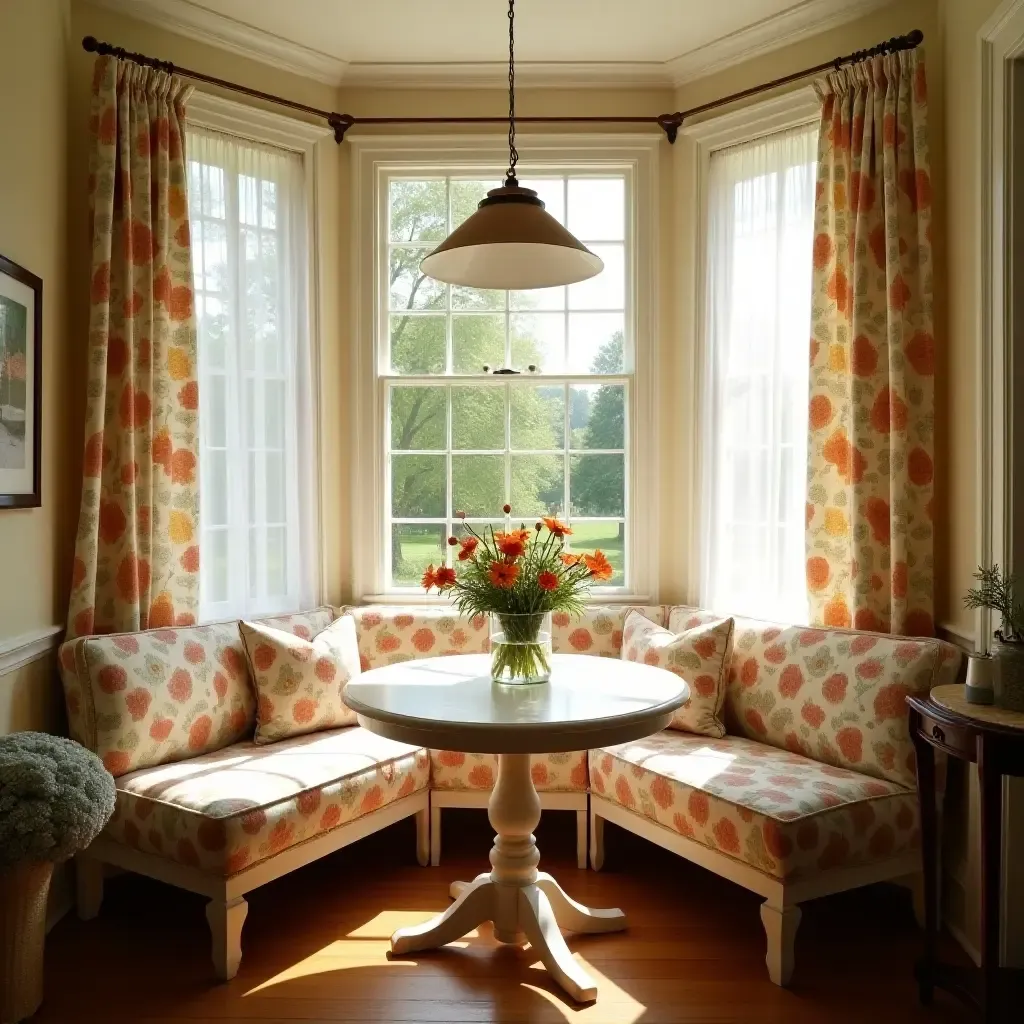 a photo of a sunlit breakfast nook with a round table and floral curtains