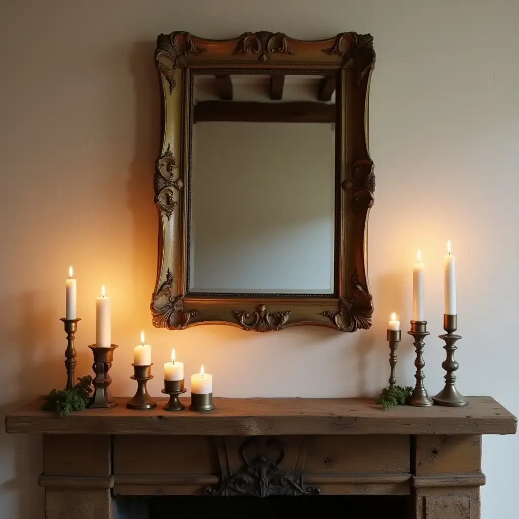 a photo of a vintage mirror above a rustic mantel with candles