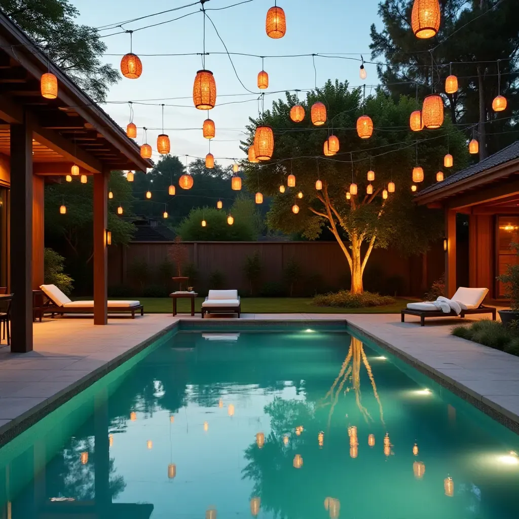 a photo of a serene outdoor space with a pool and hanging lanterns