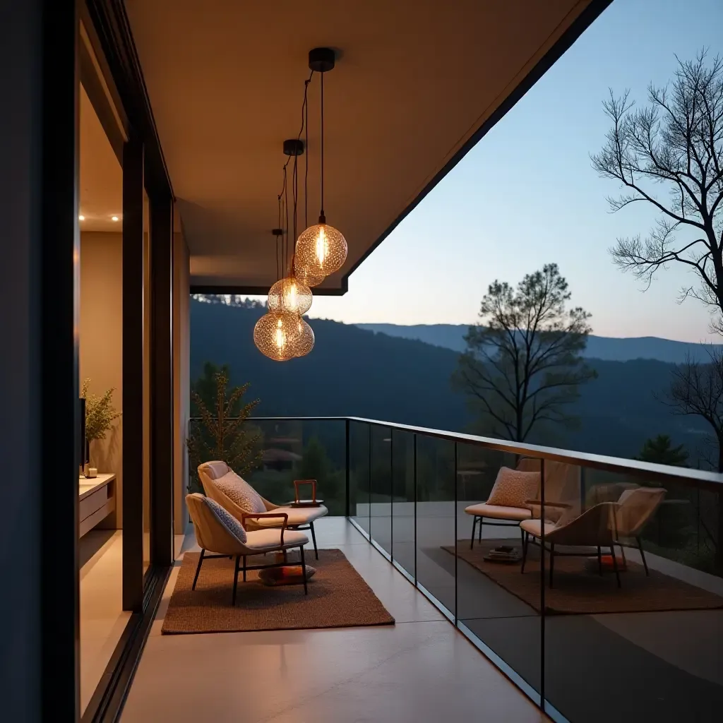 a photo of a modern balcony featuring geometric pendant lighting