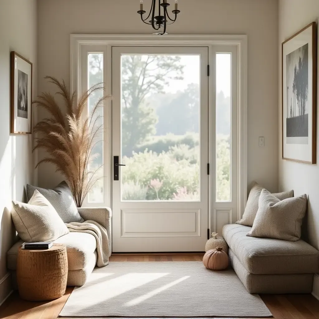 a photo of a cozy entrance hall with oversized throw pillows creating a welcoming vibe