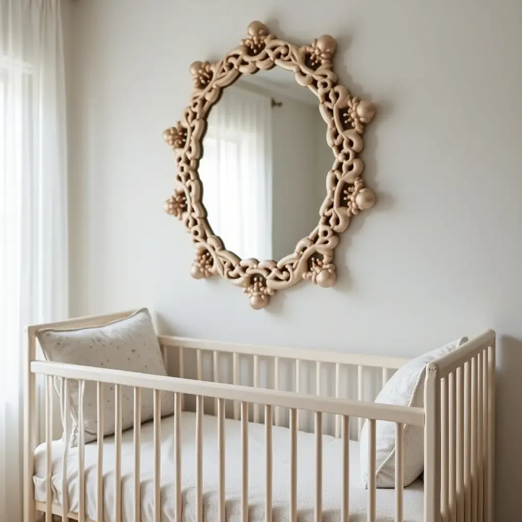 a photo of a nursery with a decorative mirror above the crib