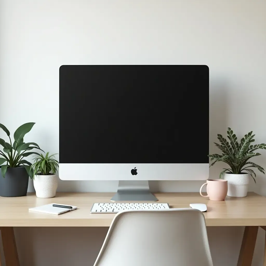 a photo of a minimalist desk setup with a sleek monitor and indoor plants