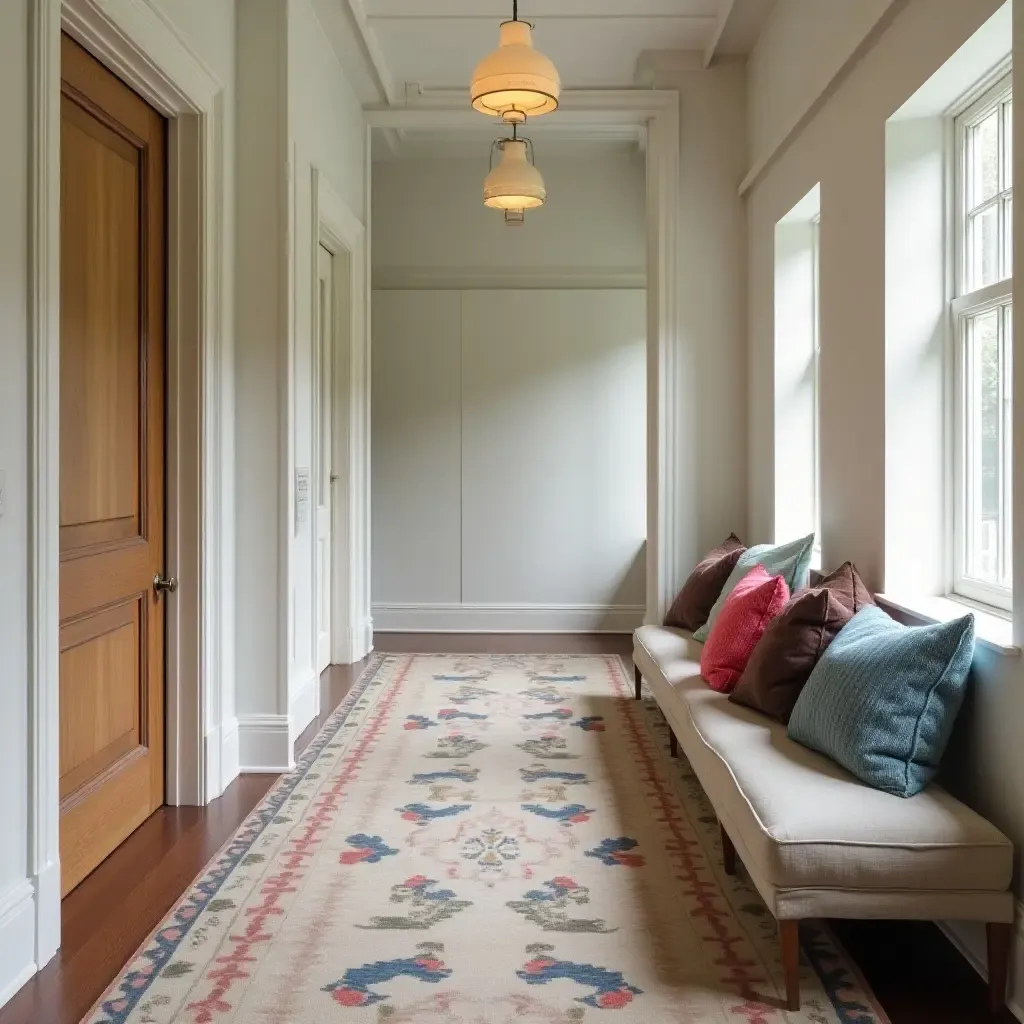 a photo of a stylish corridor with colorful throw pillows on a bench