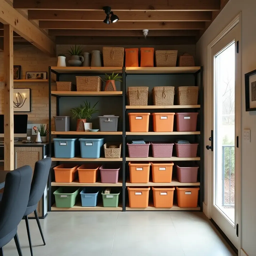 a photo of a stylish basement with organized shelving and colorful bins