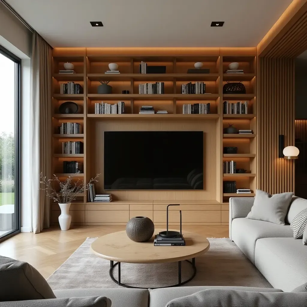 a photo of a living room with wooden elements and a large bookshelf