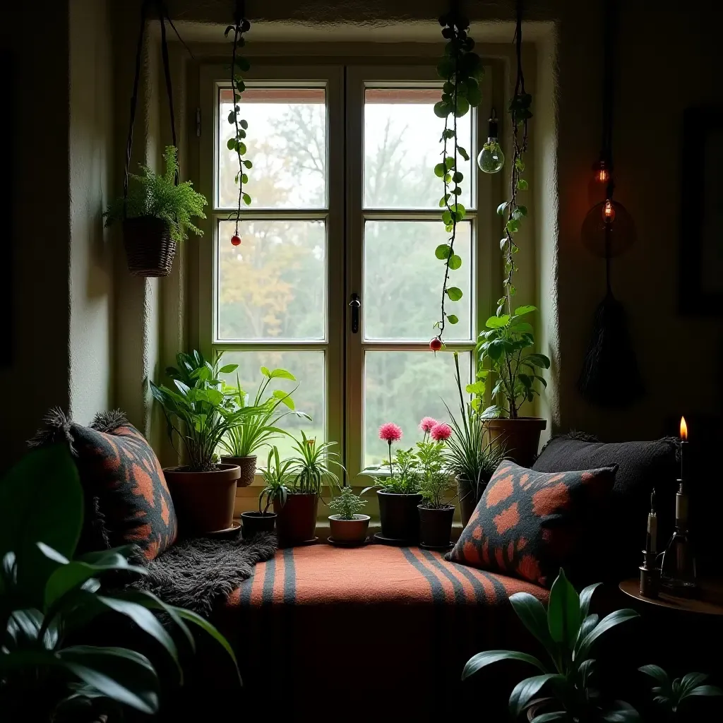 a photo of a window seat surrounded by plants and witchy decor