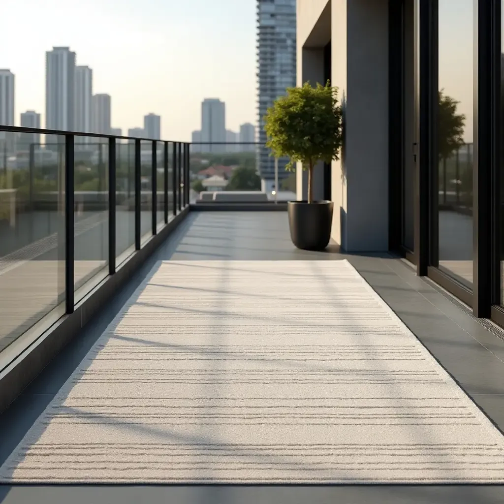 a photo of a sleek, modern rug with a linear design on an urban balcony