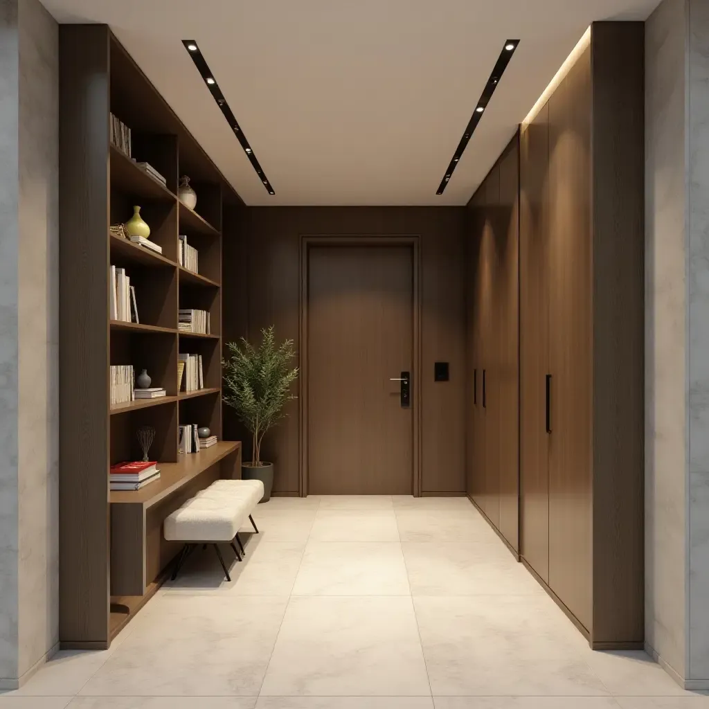 a photo of a functional entrance hall with shelving that integrates technology and decor