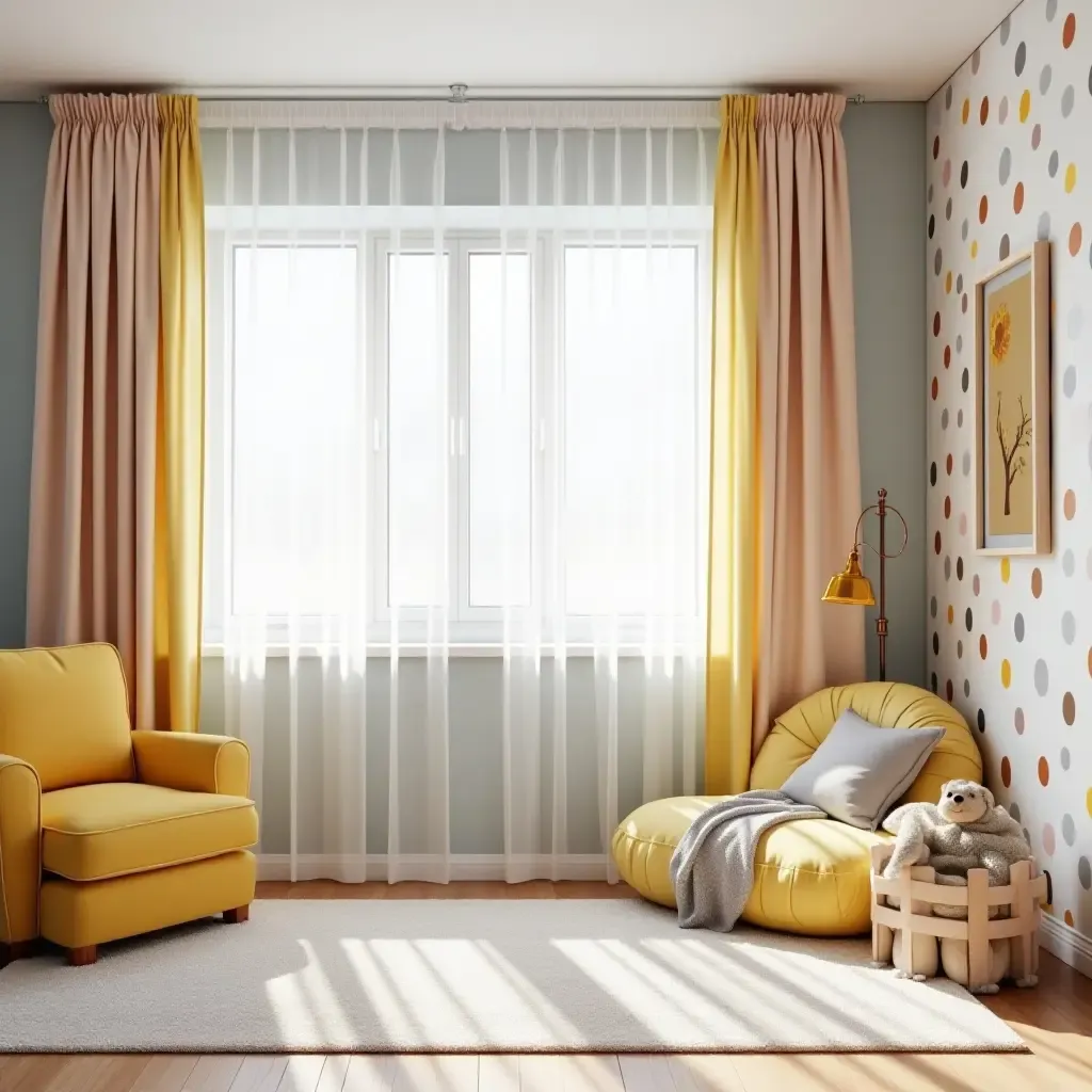 a photo of a bright kids&#x27; room with a mirrored accent wall and colorful curtains