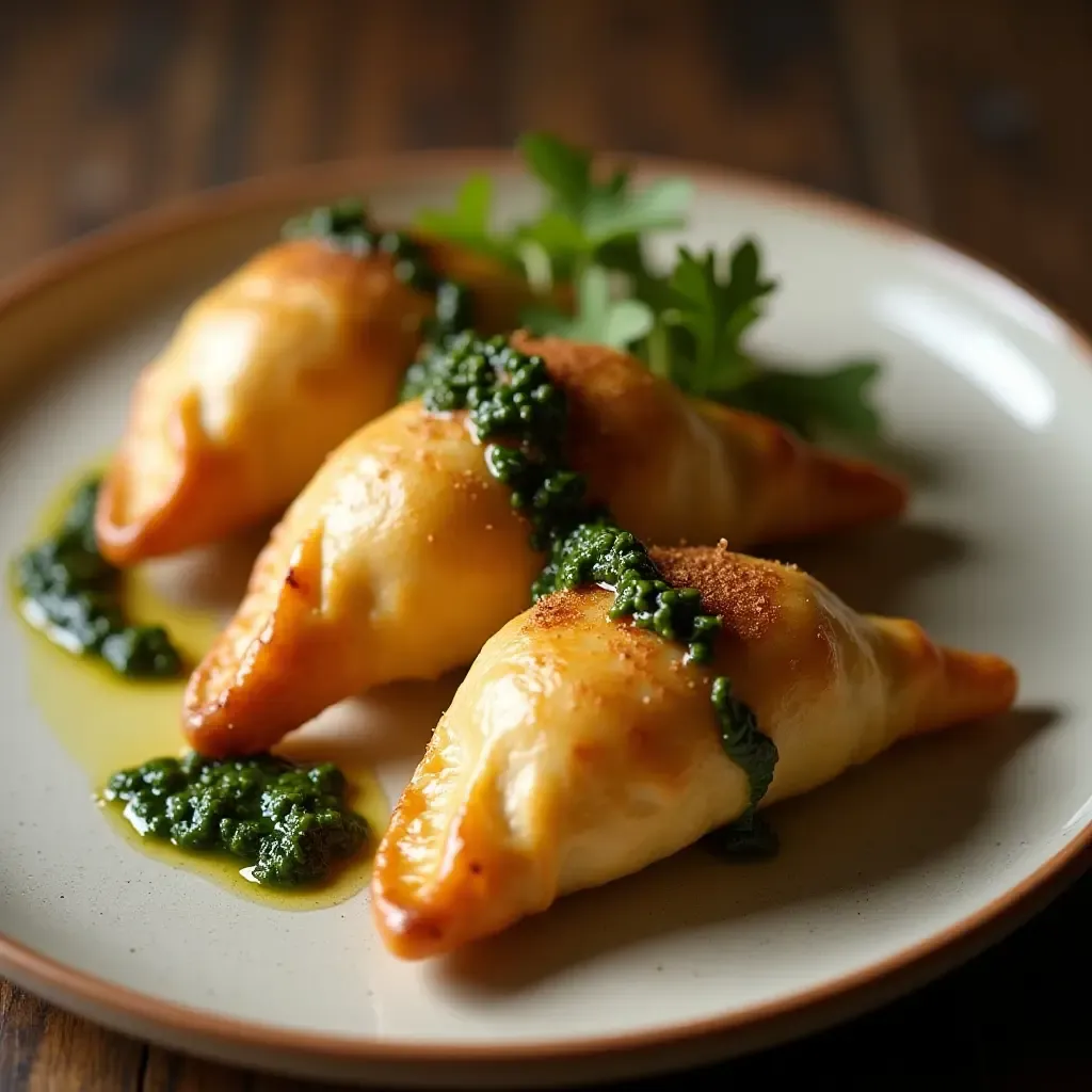 a photo of salted cod empanadas with chimichurri, golden pastry, rustic plating