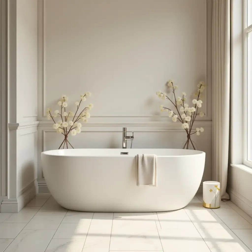 a photo of a peaceful bathroom with a neutral color scheme and soft textures