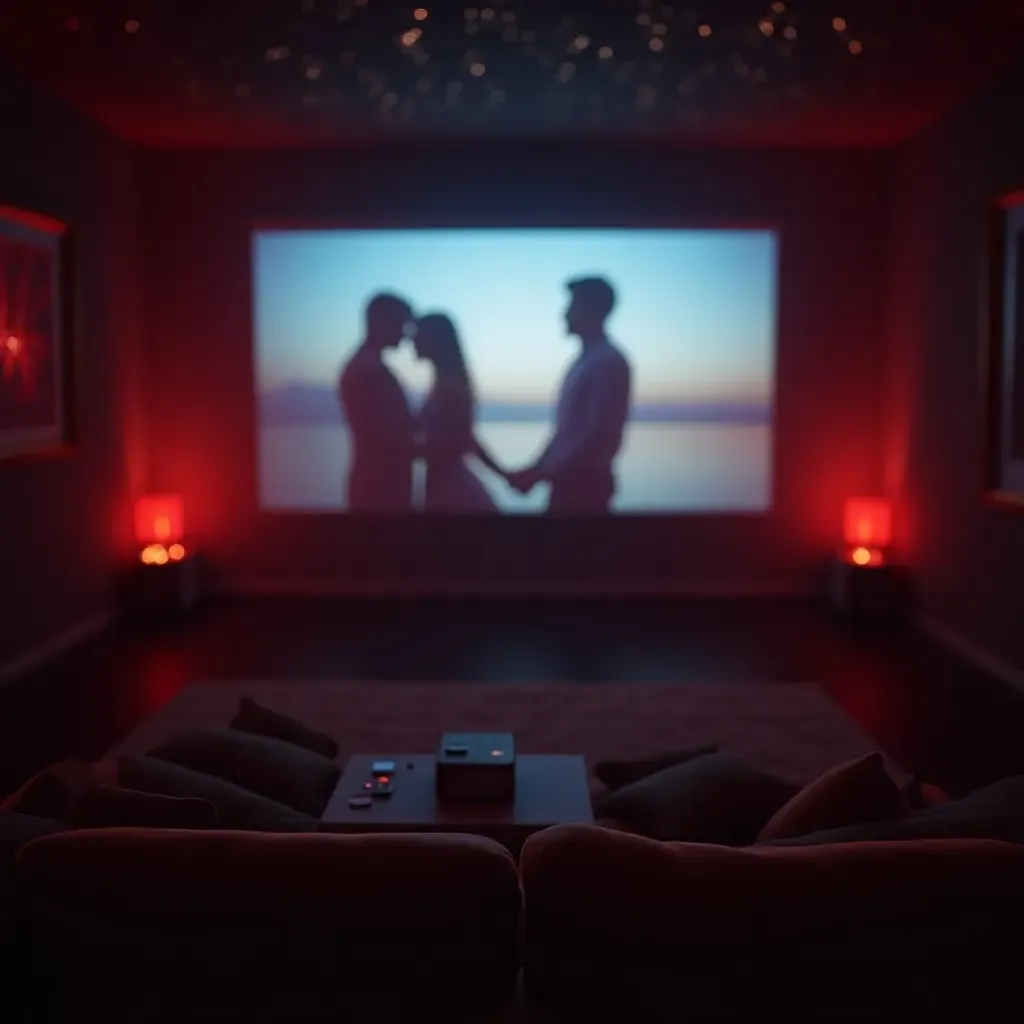 a photo of a space with a projector displaying romantic movies on the wall