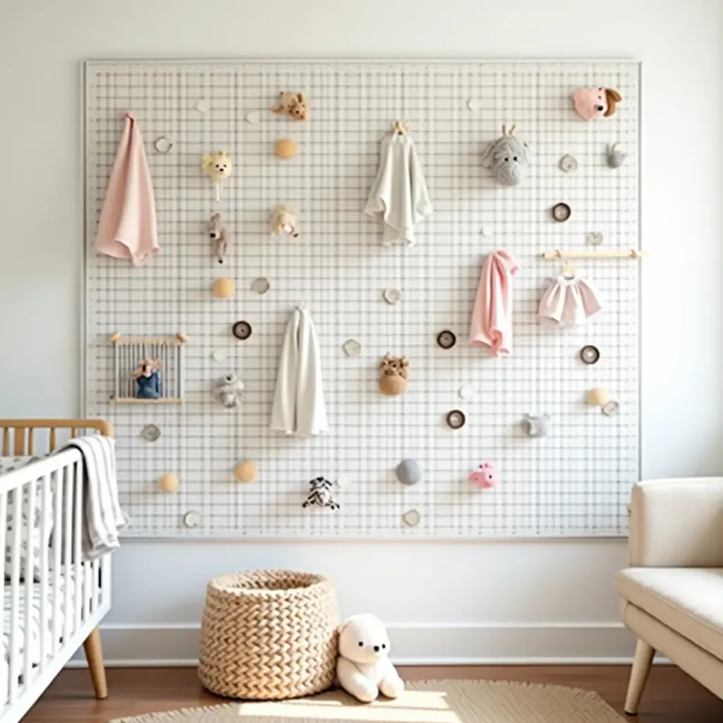 a photo of a stylish pegboard wall for nursery organization