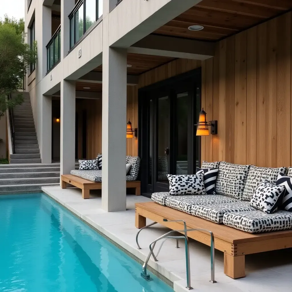 a photo of a contemporary pool area with geometric fabric patterns, reclaimed wood benches, and sleek metal lighting