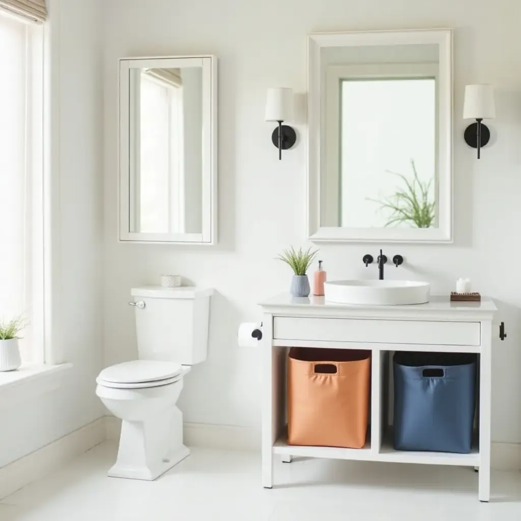 a photo of a bright bathroom with color-coded storage bins