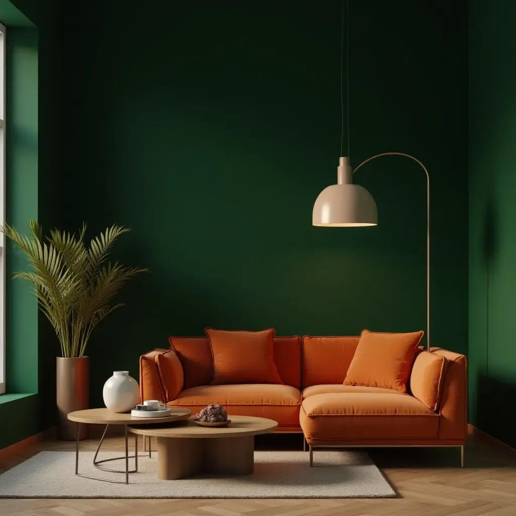 a photo of a minimalist living room with dark green and burnt orange accessories