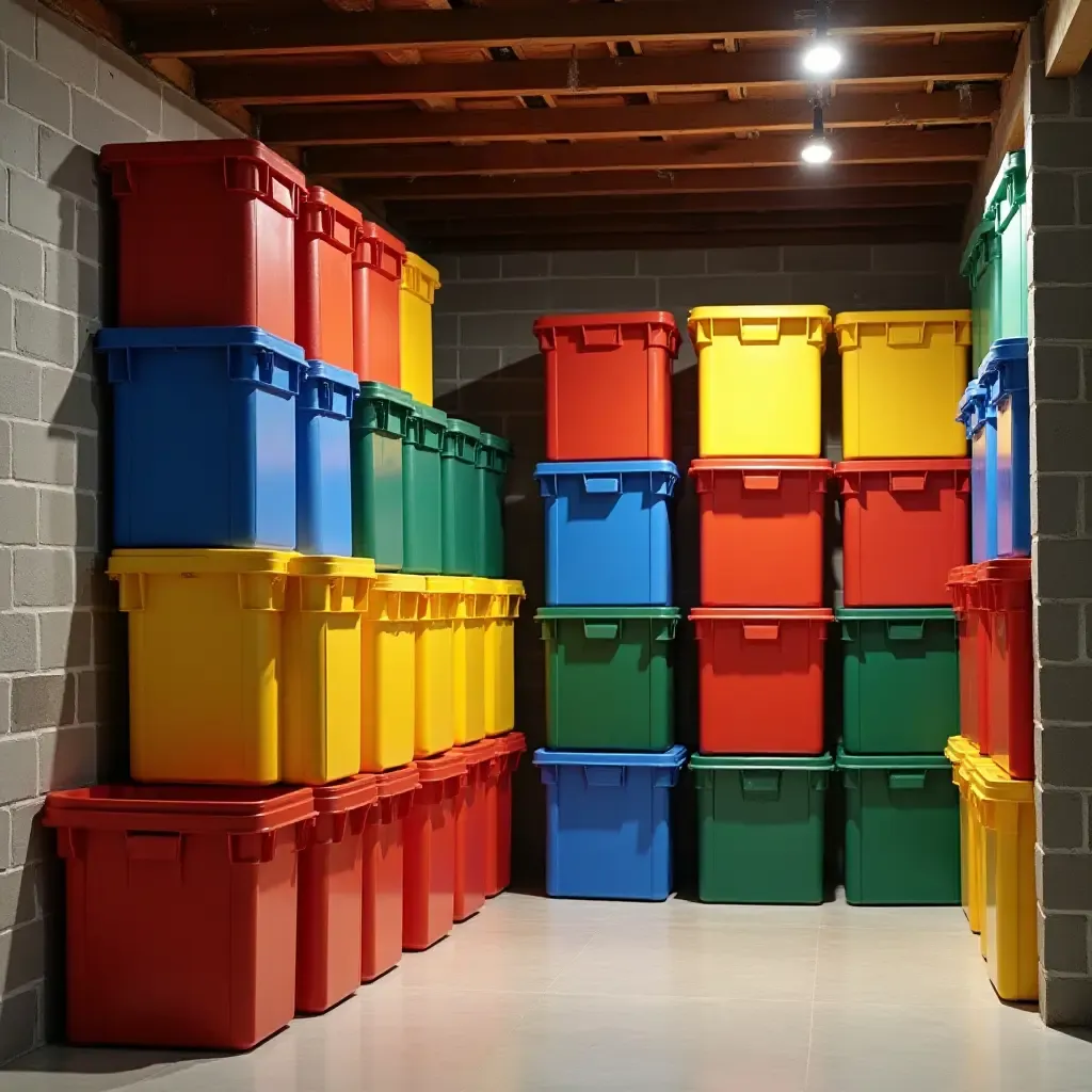 a photo of a basement with stackable storage crates in vibrant colors