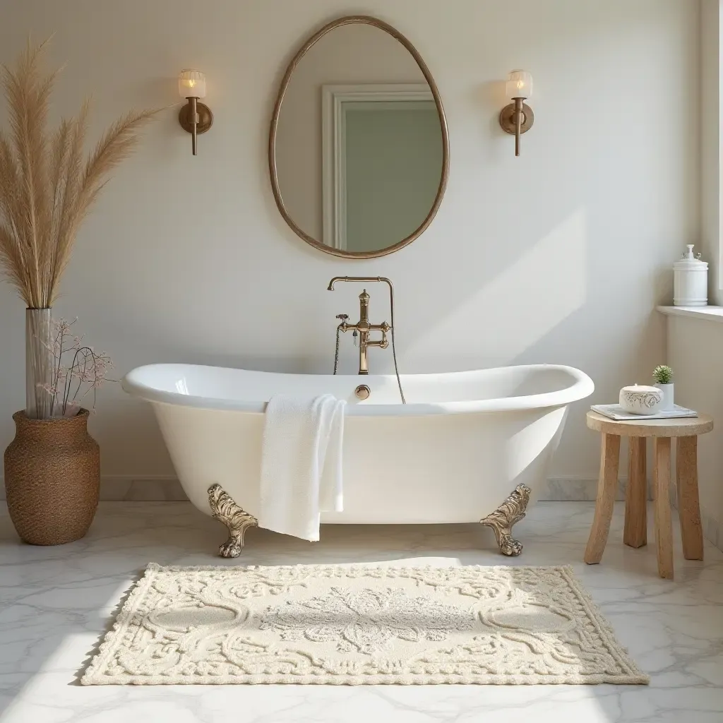 a photo of a vintage-inspired lace rug in a romantic bathroom