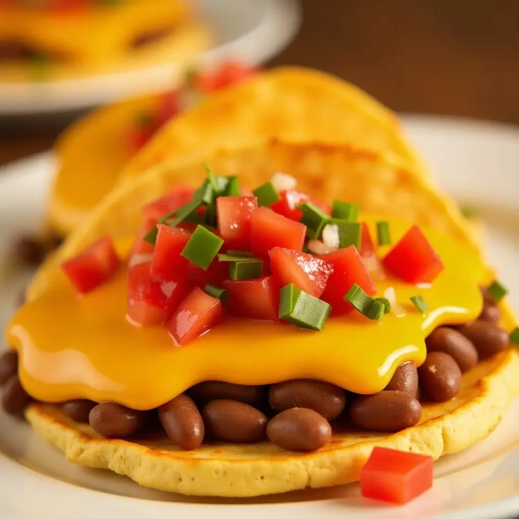 a photo of golden molletes topped with refried beans, melted cheese, and pico de gallo.