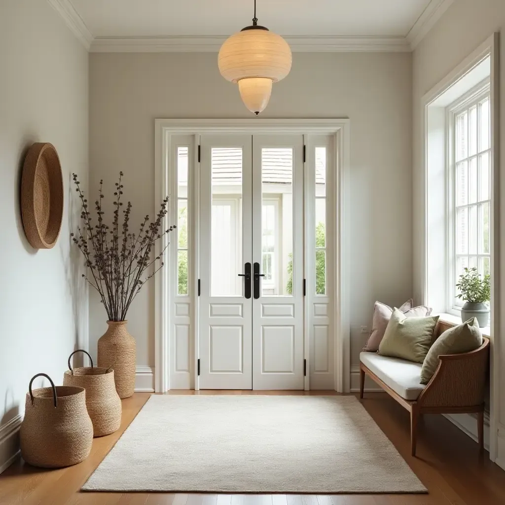 a photo of an elegant entrance hall with decorative baskets