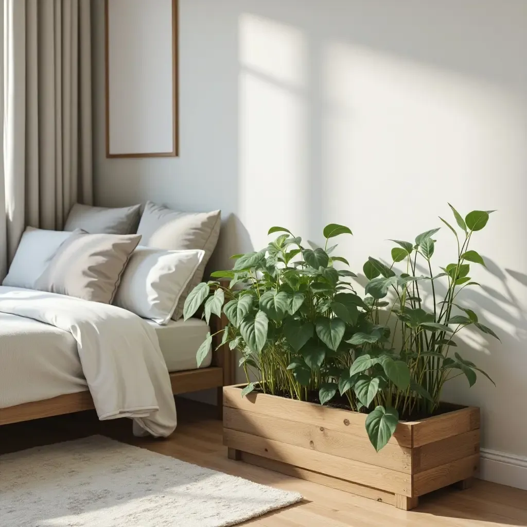 a photo of a bedroom with a rustic wooden planter box on the floor